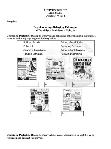 bahagi ng pahayagan worksheet grade 3|GRADE 3 MTB Q3 MODULE 2 Mga Bahagi ng Pahayagan.